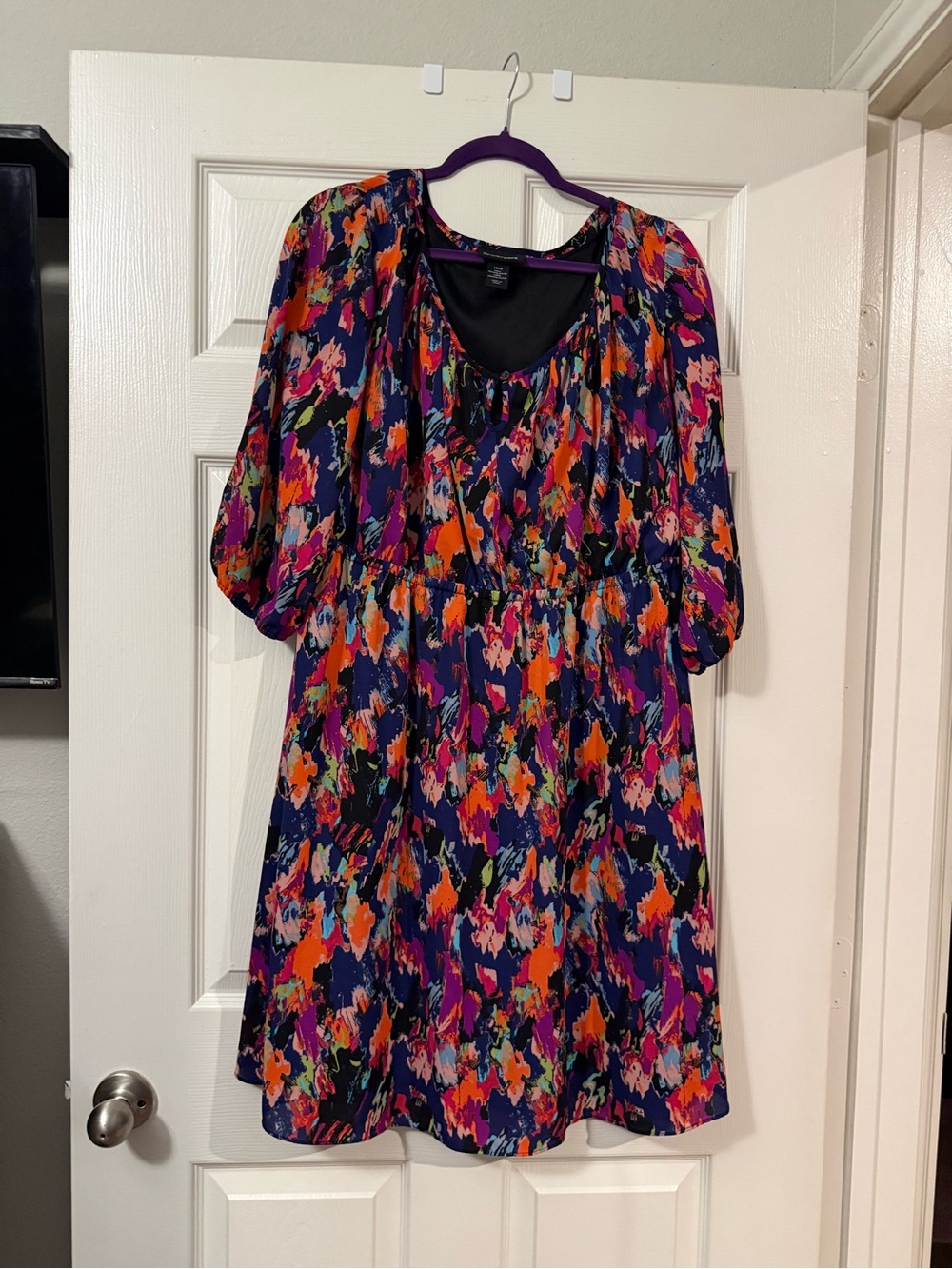 Lane Bryant Navy Floral-Print Midi Dress with Puff Sleeves